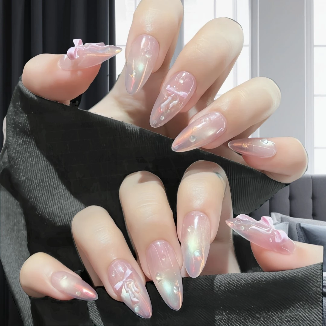 【缎带】纯手工穿戴甲高级感美甲温柔仙女风蝴蝶结粉紫色猫眼杏仁甲