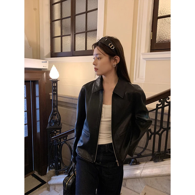 美式辣妹黑色翻领PU皮衣夹克外套女2025年秋季爆款设计感短款上衣