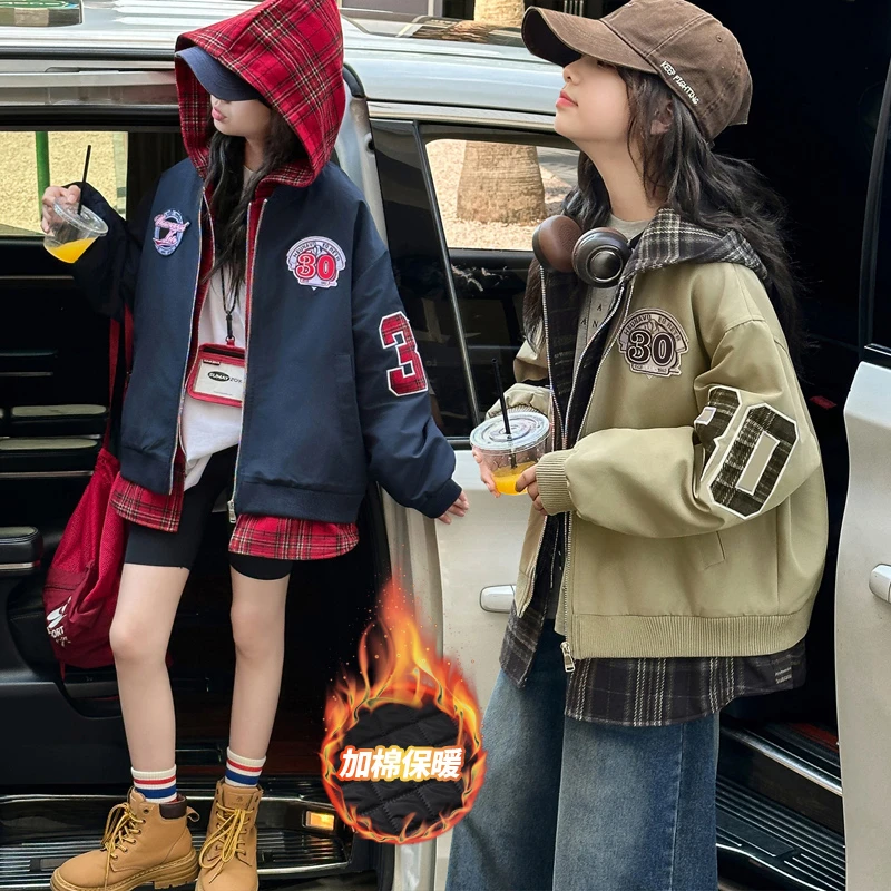 女童洋气外套秋冬季新款中大童假两件夹棉加厚连帽棒球服女孩冬装