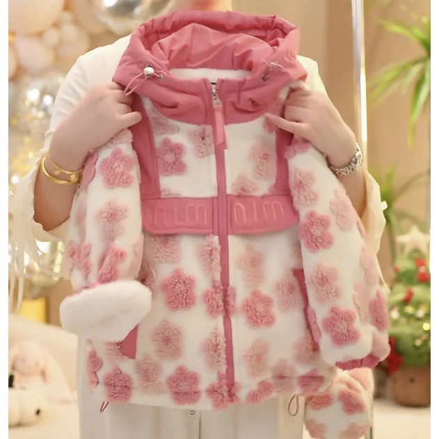 【现货在仓】25冬季新款儿童棉服花朵连帽加厚韩版百搭时髦外套