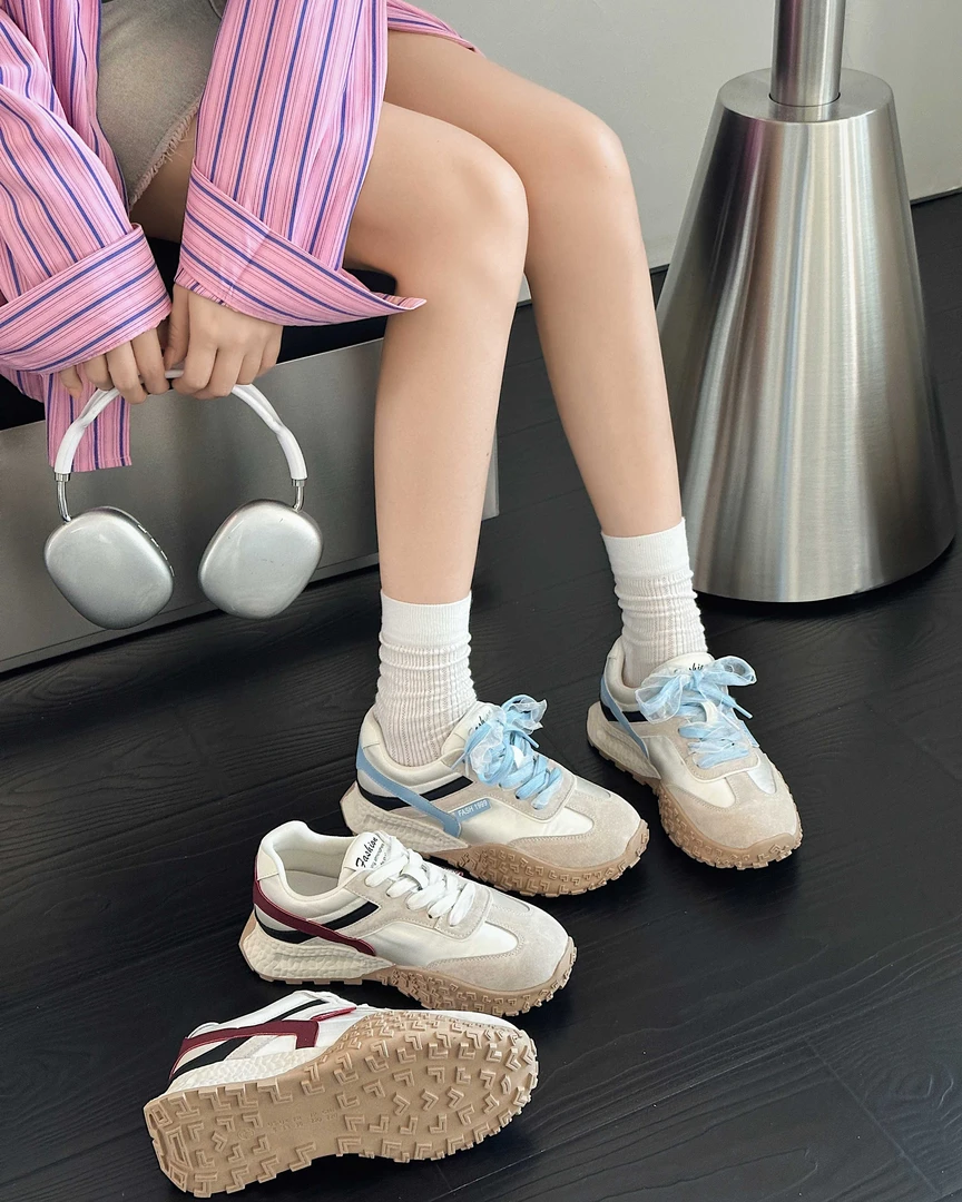 2025春季新款厚底阿甘鞋女增高拼色系带百搭透休闲蕾丝芭蕾德训鞋