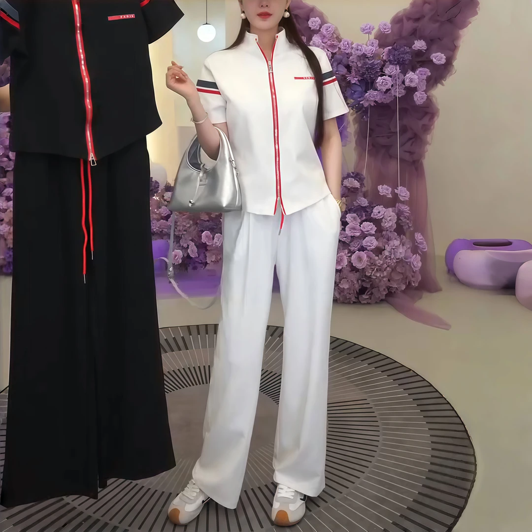 新款短袖阔腿裤显瘦两件套女2025夏季时尚拉链拼接撞色休闲套装女