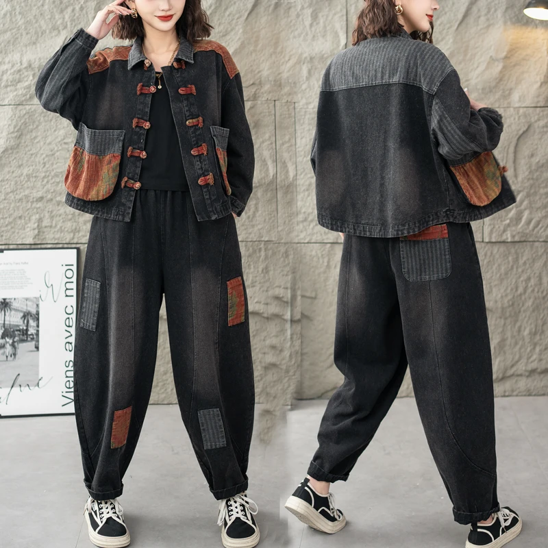 民族风牛仔休闲风时尚套装复古韩版拼接显瘦春季套装时尚大码百搭