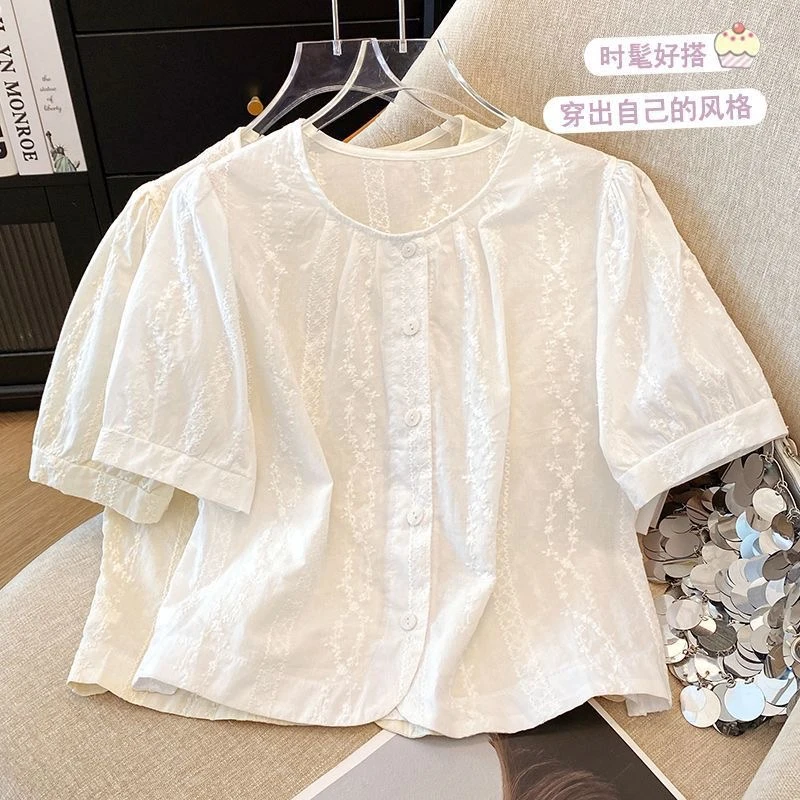【新款现货】纯棉法式圆领短袖衬衫百搭刺绣圆领夏季显瘦时尚上衣女