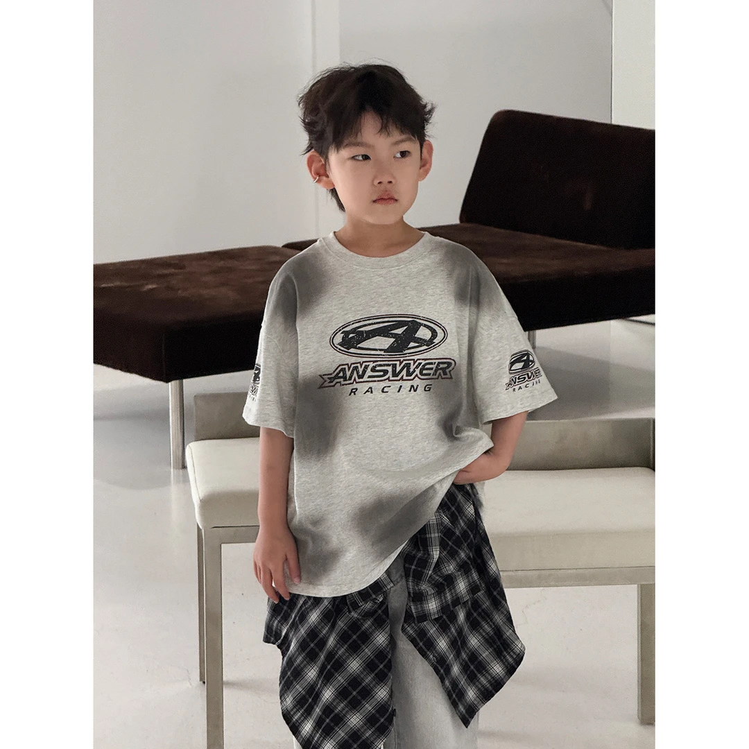 in 爱：my25夏儿童质感纯棉印花短袖T恤男童做旧重工喷色半袖3142