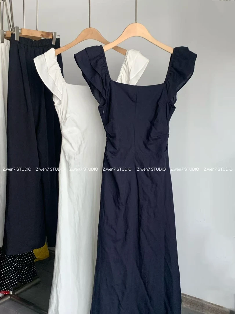 2025夏季新款 素飞袖 亚麻收腰飞袖连衣裙