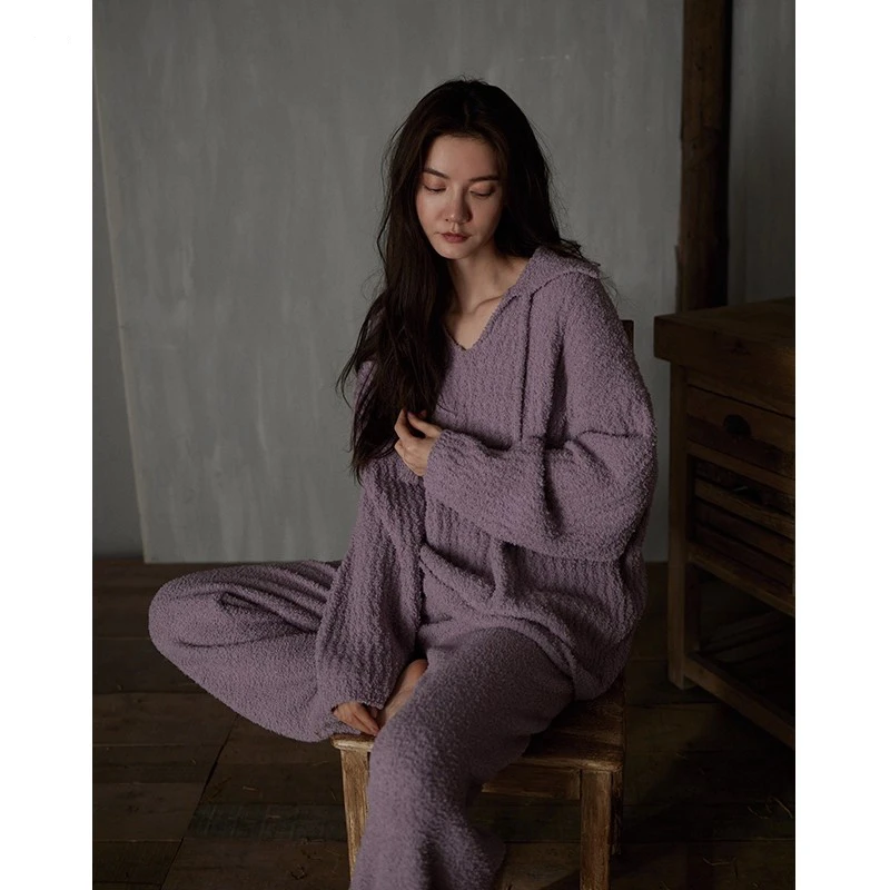 高级感紫色半边绒可外穿睡衣女士冬季保暖珊瑚绒毛衣针织居家套装