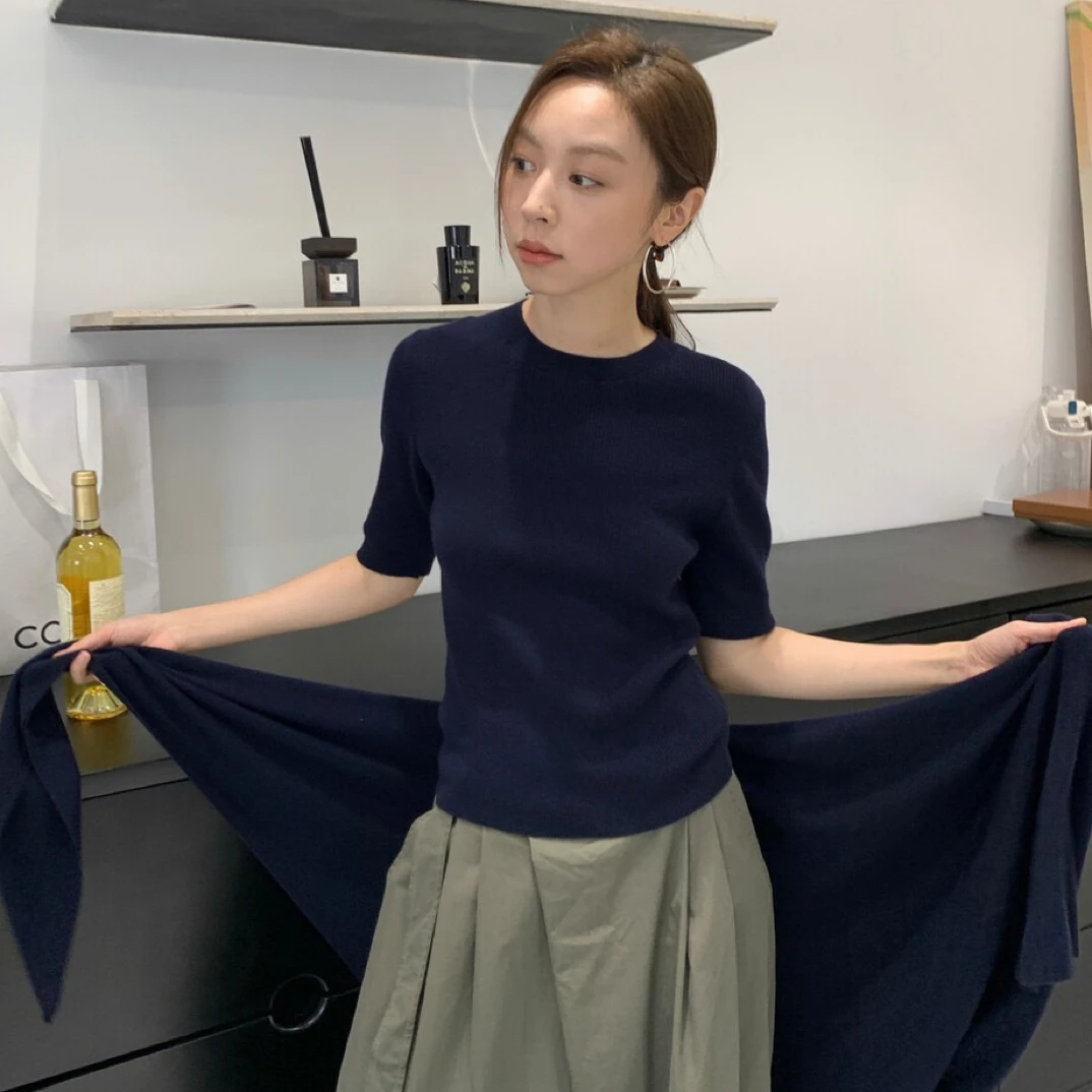 美式复古高级感圆领正肩显瘦五分袖上衣针织衫（配披肩）