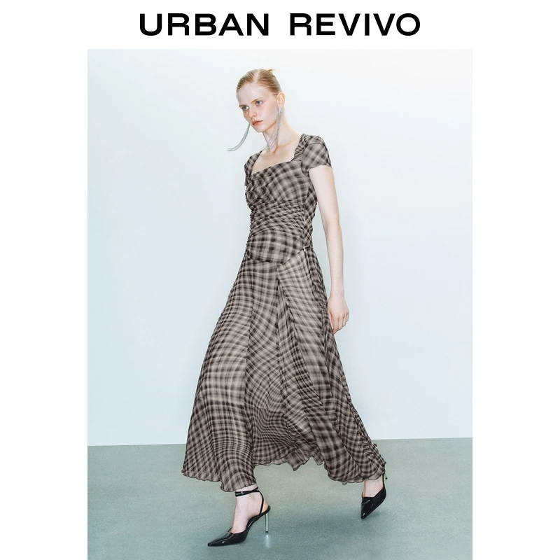 UR2025夏季新款女装潮流复古格纹褶皱收腰罩衫衬衫UWJ250041