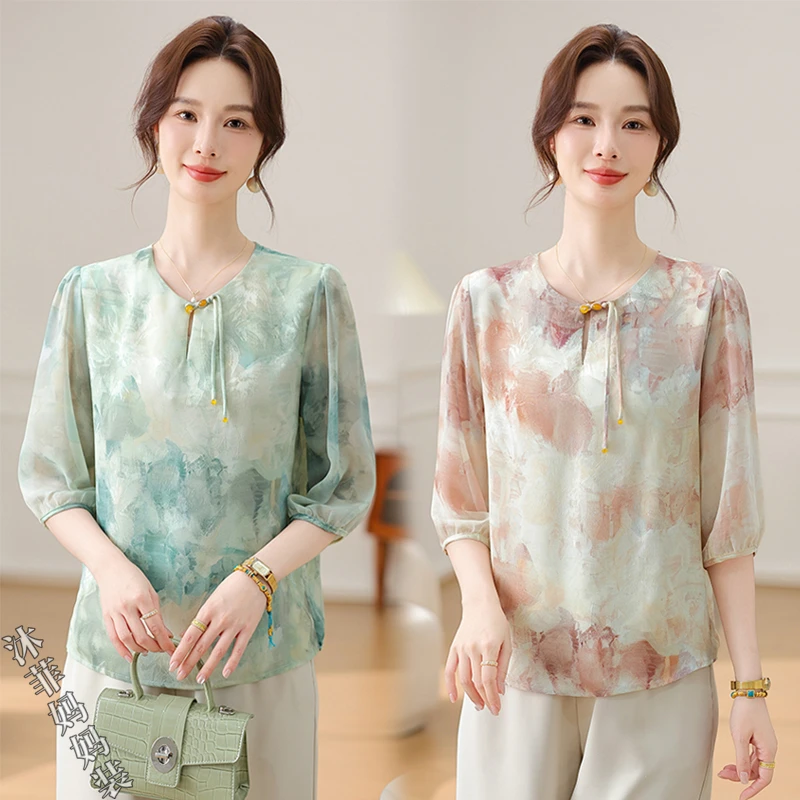 新中式妈妈夏装印花小衫新款洋气中老年女装春夏国风中袖显瘦上衣