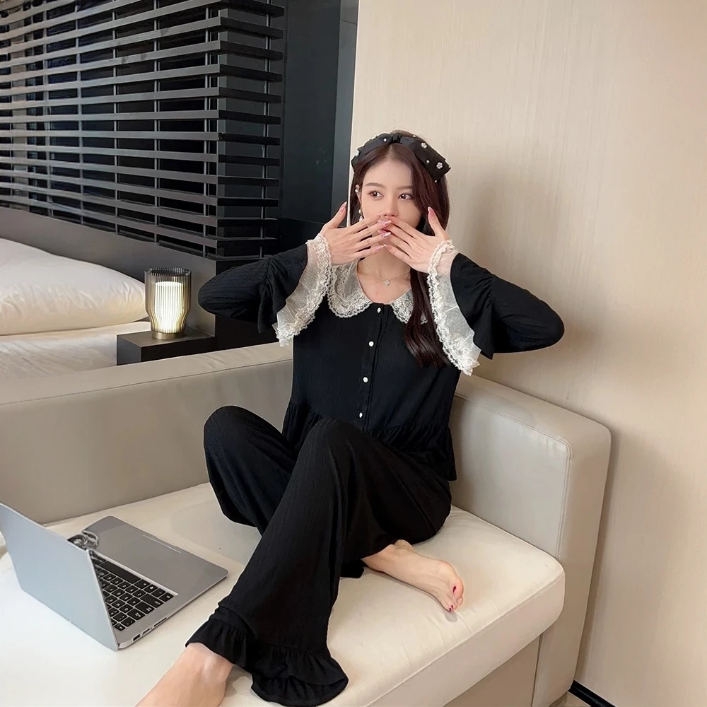 法式睡衣春秋款女长袖蕾丝花边套装宫廷风甜美可外穿家居服黑色