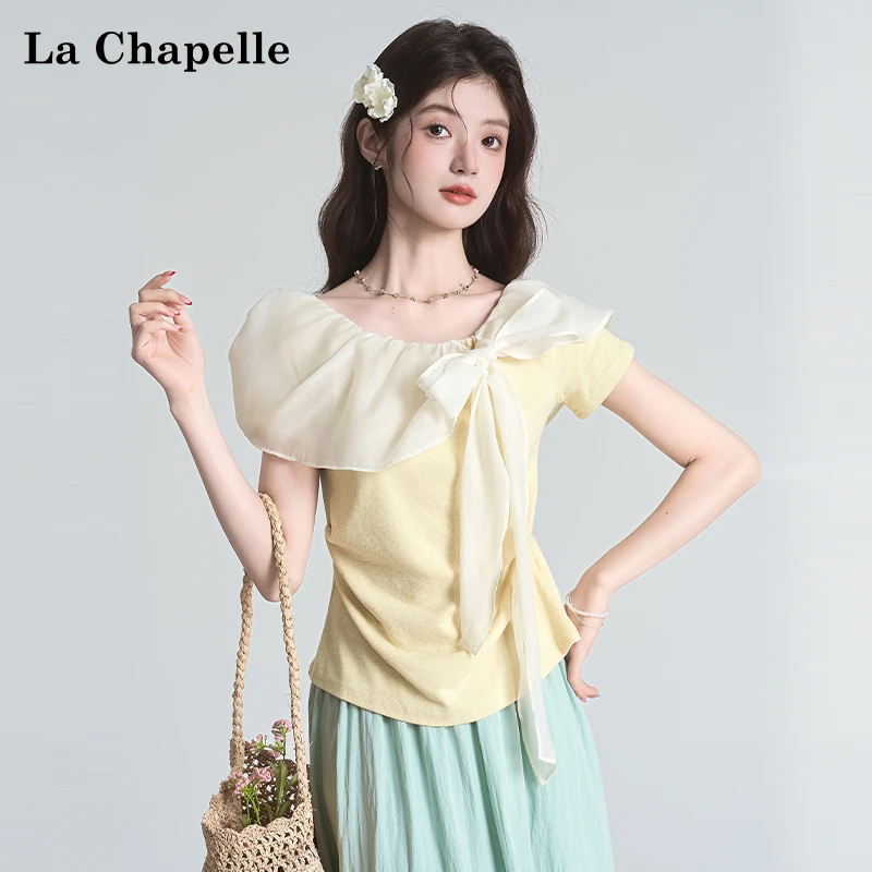 拉夏贝尔法式设计感短袖T恤女夏季系带蝴蝶结甜美时尚百搭短上衣