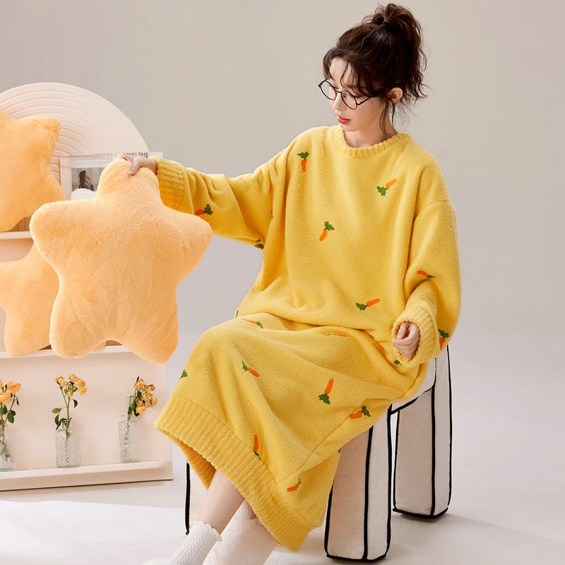 珊瑚绒睡衣睡裙女秋冬新款睡裙加厚长款高级感半边绒法兰绒家居服