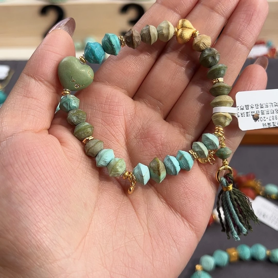 绿松石银S925镀金镶嵌手串绿松石百香籽手串