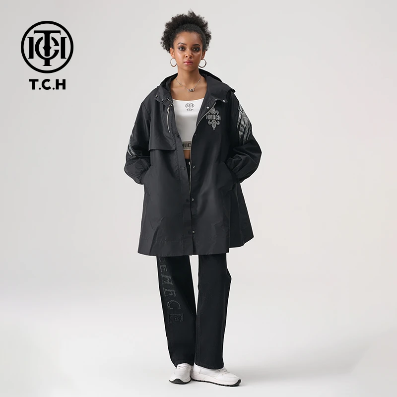 TCH烫钻工艺宽松时尚中长款风衣洋气外套女T7276020轻奢tch