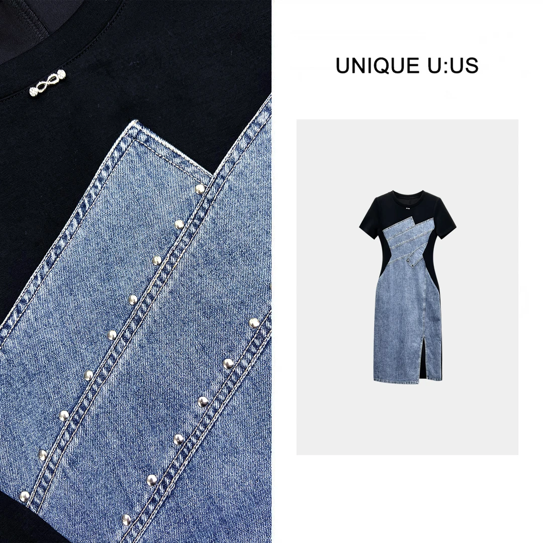 【林雪雪】牛仔拼色假两件显瘦女装连衣裙250211