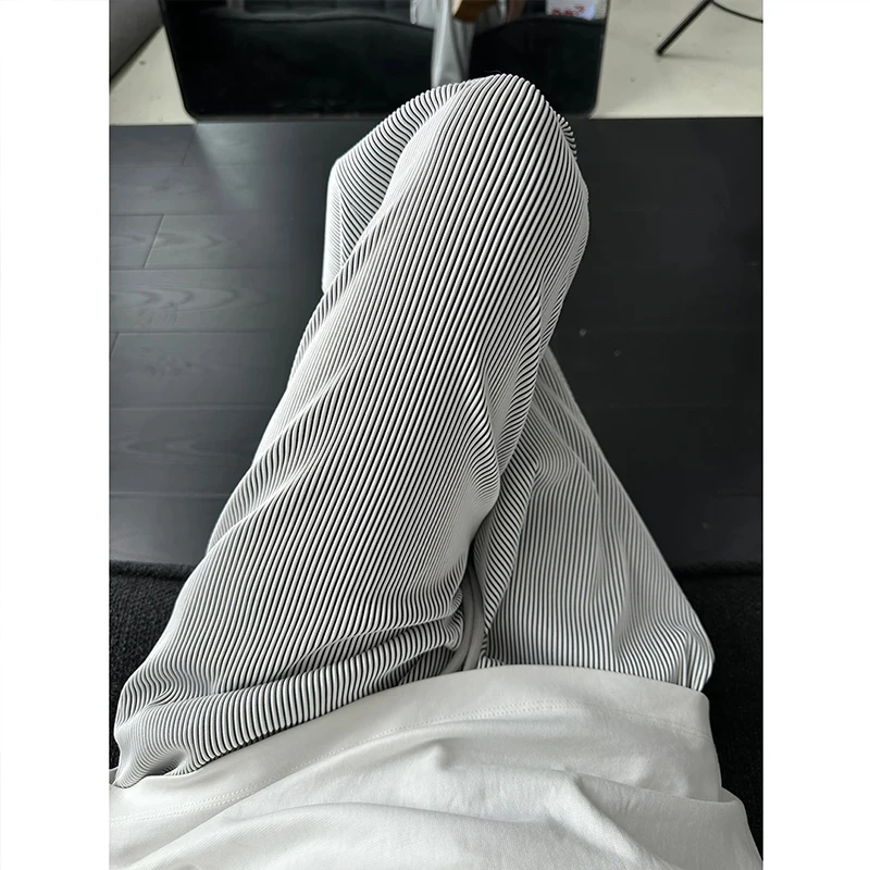 条纹冰丝裤男夏季薄款慵懒松弛感弹力裤子宽松直筒垂感休闲空调裤