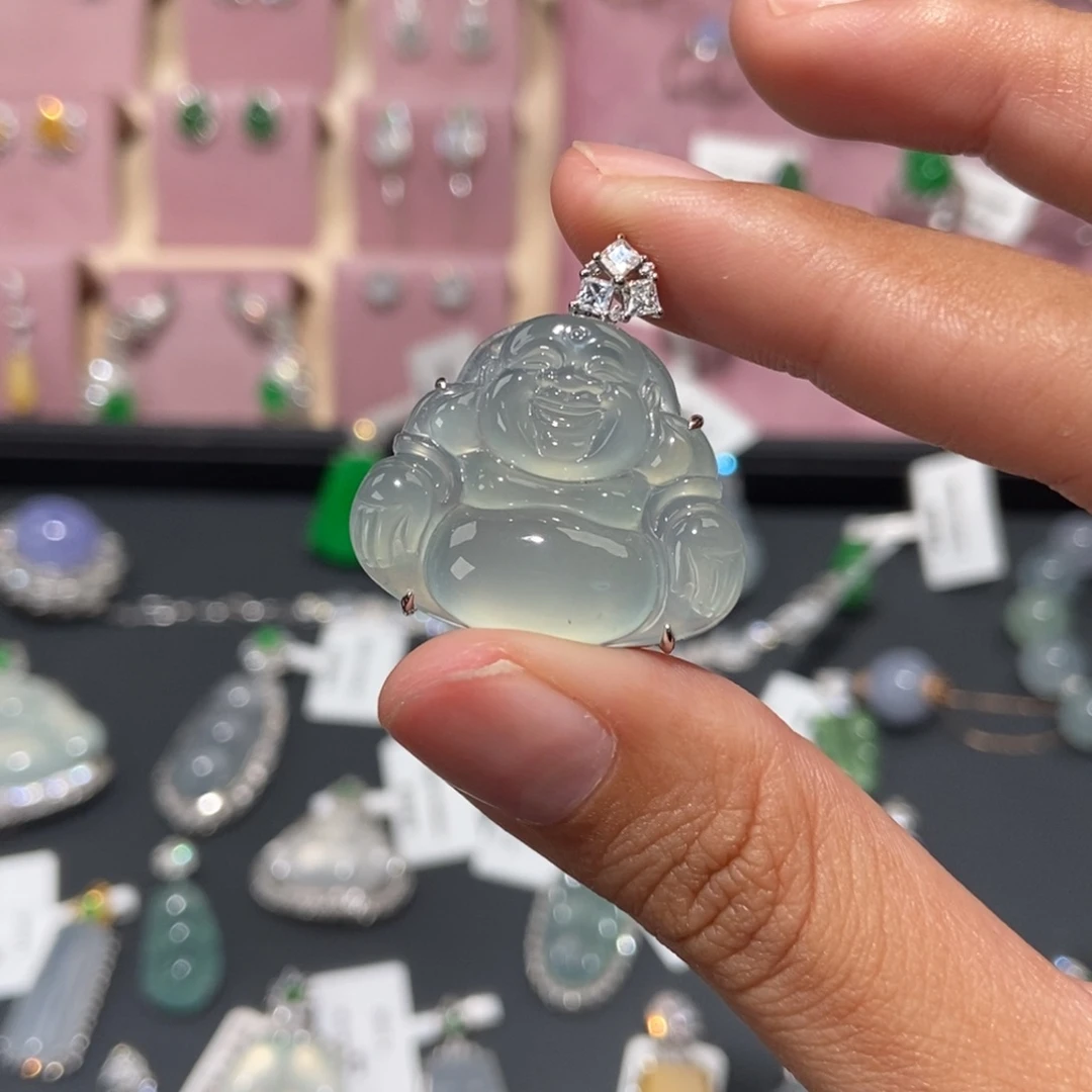 翡翠18K金镶嵌颈饰纯天然缅甸翡翠A货佛公