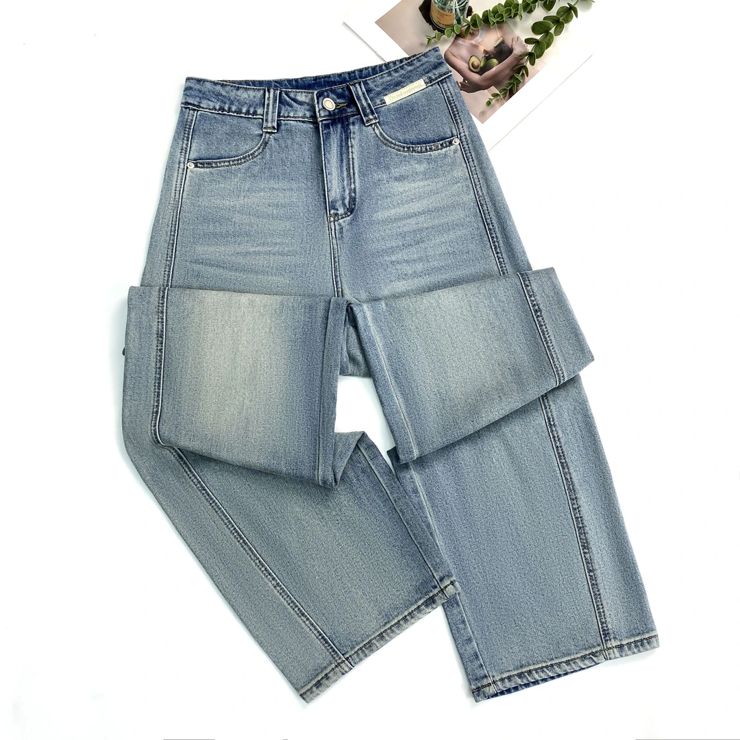 【大婷】牛仔裤高腰潮流长裤直筒阔腿裤裤子高弹力做旧春季2691