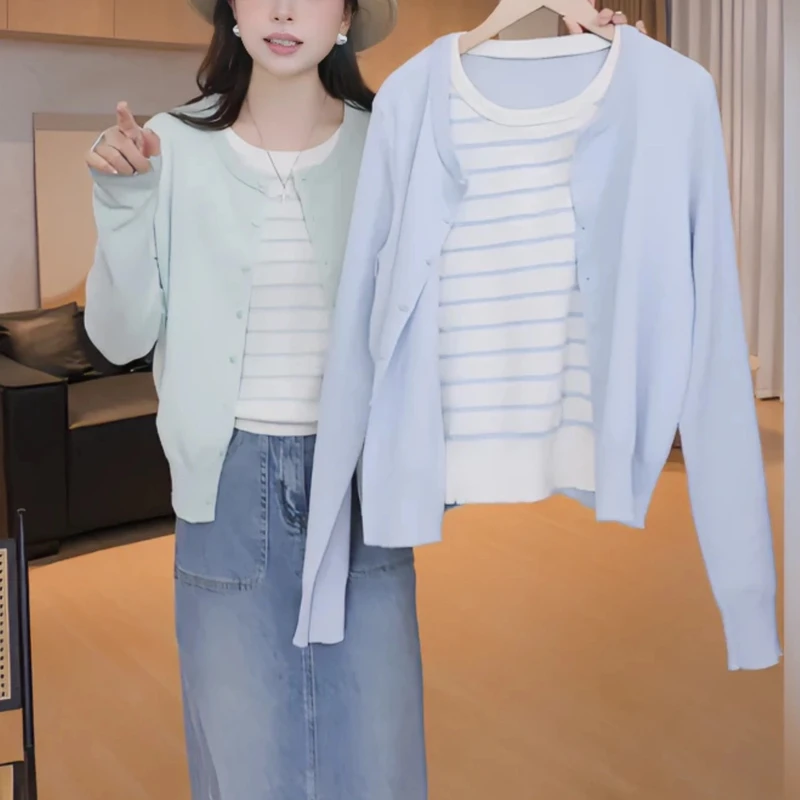 春秋新款假两件针织开衫女温柔风气质圆领单排扣软糯外套长袖上衣
