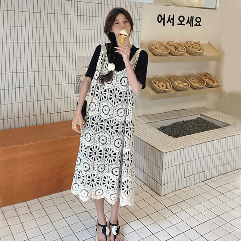 2025年孕妇套装新款设计感减龄显瘦背带裙圆领T恤两件套孕妇装