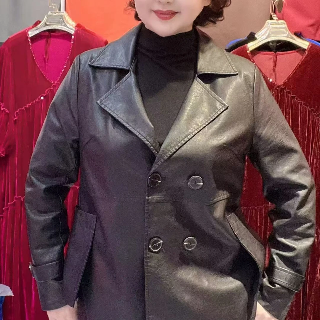 常规中长款厚款长袖皮衣外套秋季百搭女士翻领