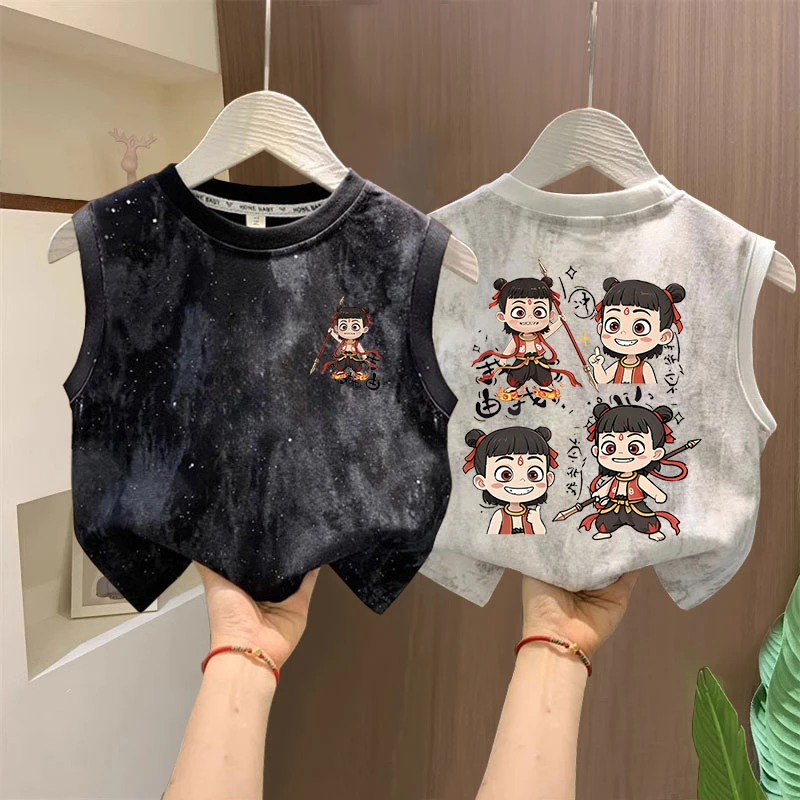 夏季新款儿童宝宝中国风哪咤2卡通无袖背心圆领男童t恤休闲百搭衣
