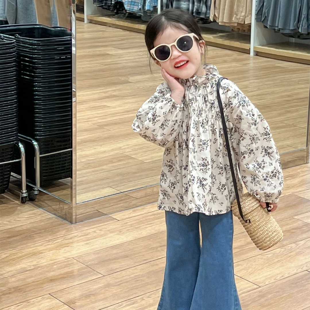 韩版女童2025春秋复古碎花拉牛筋娃娃衫洋气牛仔喇叭裤休闲套装潮