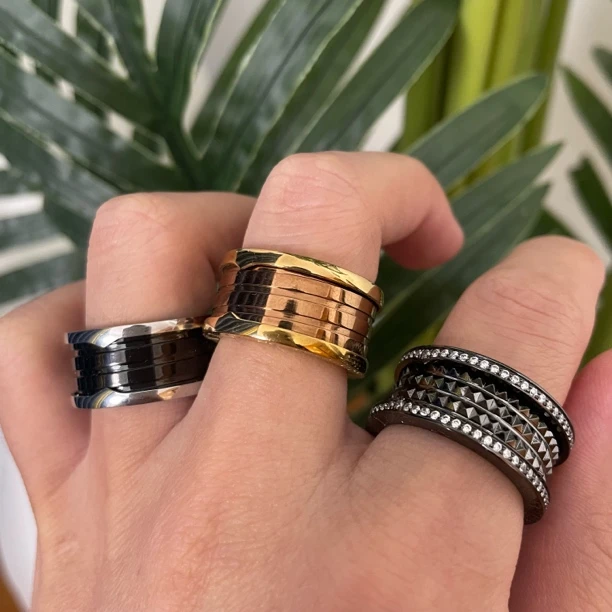 925银陶瓷戒指 穿搭后备箱-上新-宽版窄版黑陶瓷铆钉宝家银制品