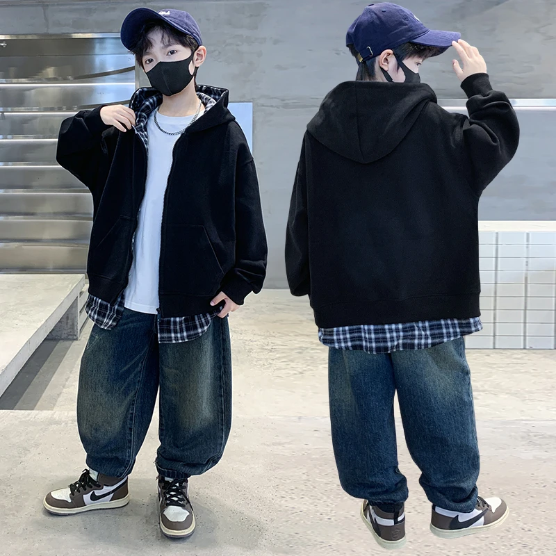 男童秋装外套春秋洋气中大童连帽夹克帅气时髦春秋季拼接格子外套