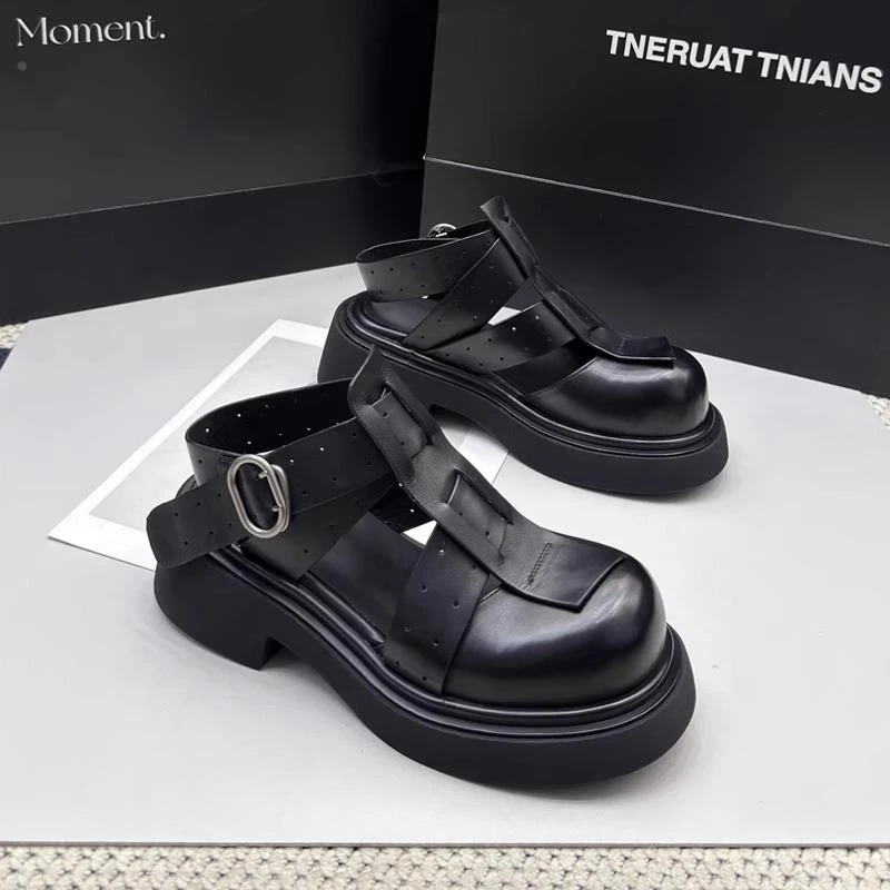 6cm包头凉鞋女小众厚底增高2025新款真皮百搭镂空时尚罗马鞋夏季