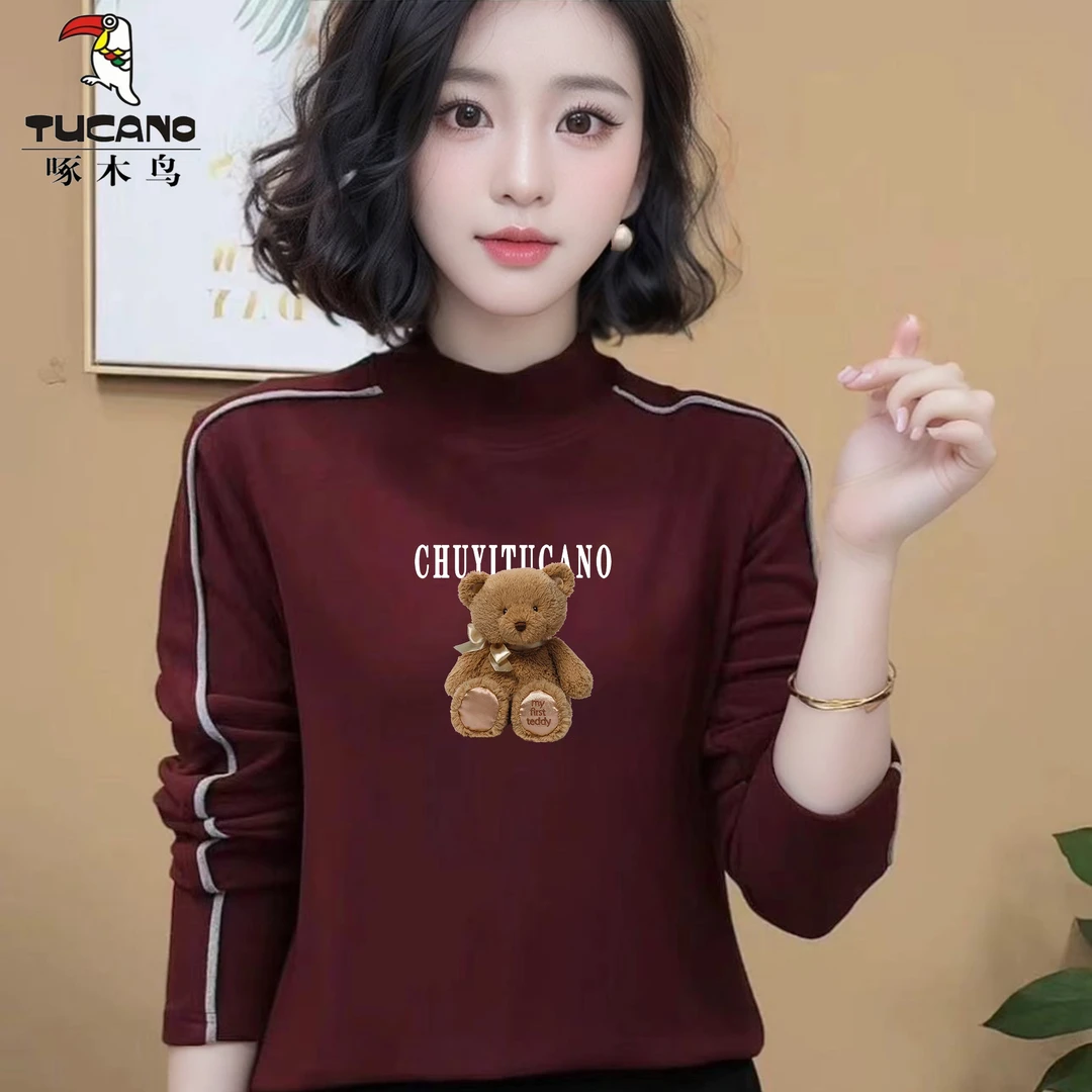 啄木鸟2025年新款秋冬加绒半高领套头百搭打底衫内搭德绒时髦上衣