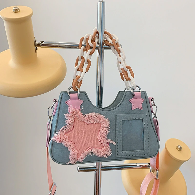 英国Daben Widod 日系时尚辣妹星星手提包女新款牛仔布单肩斜挎包