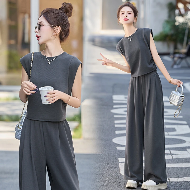 休闲短袖镂空T恤套装女2025夏季新款高级感洋气垂感阔腿裤两件套