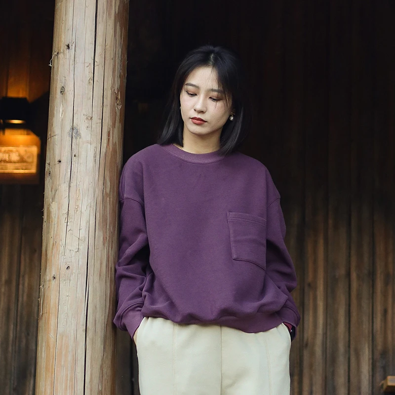 绽放1002朵/复合水貂毛银狐绒麻节感口袋款宽松圆领长袖套头卫衣