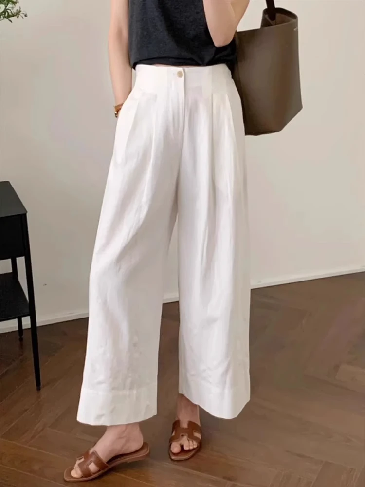 韩式休闲阔腿裤女夏季2025新款薄款宽松高腰显瘦白色垂感九分裤子