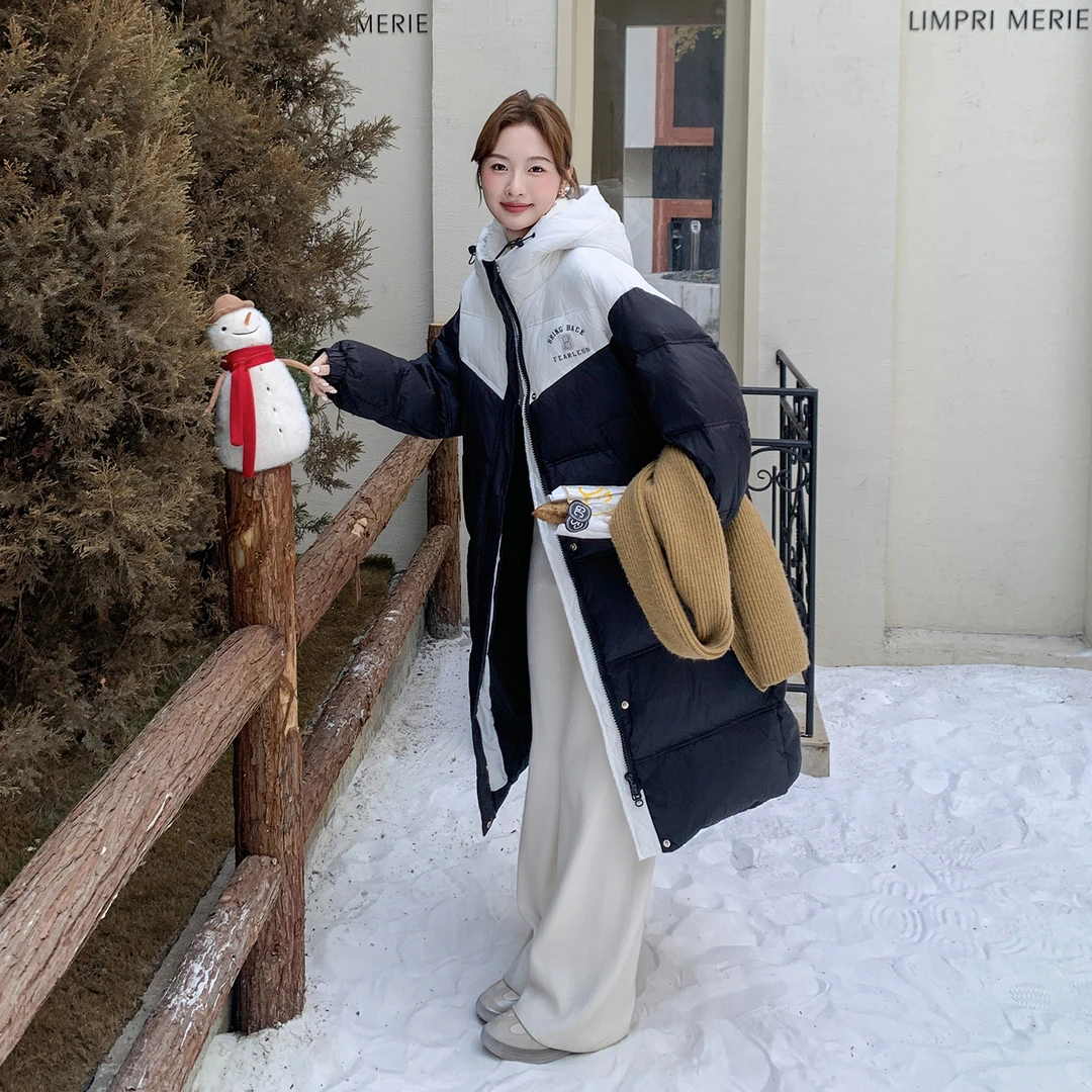 学院风撞色设计感宽松中长款羽绒服女2025新款冬季保暖高级厚外套
