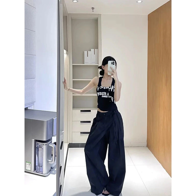 2025秋季新款修身显瘦气质时尚字母印花无袖上衣休闲宽松直筒长裤