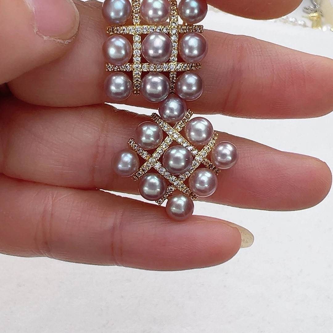 淡水珍珠耳饰未镶嵌紫色棋盘格