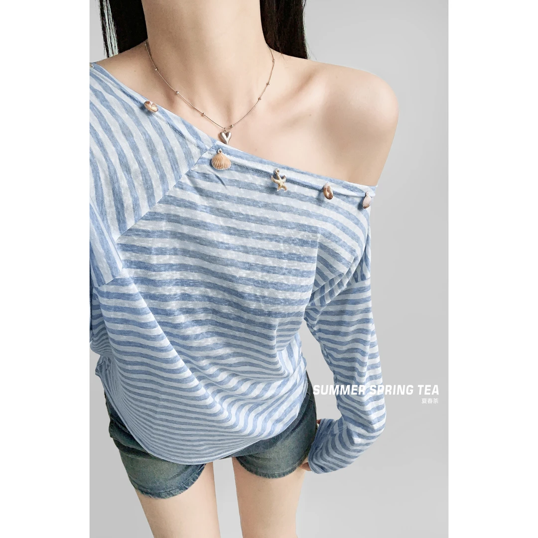 【夏春茶】美式辣妹条纹斜肩长袖t恤罩衫女夏季外搭防晒薄纱上衣