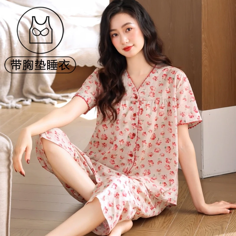 夏季睡衣女士优雅薄款可外穿带胸垫宽松甜美短袖七分裤家居服套装
