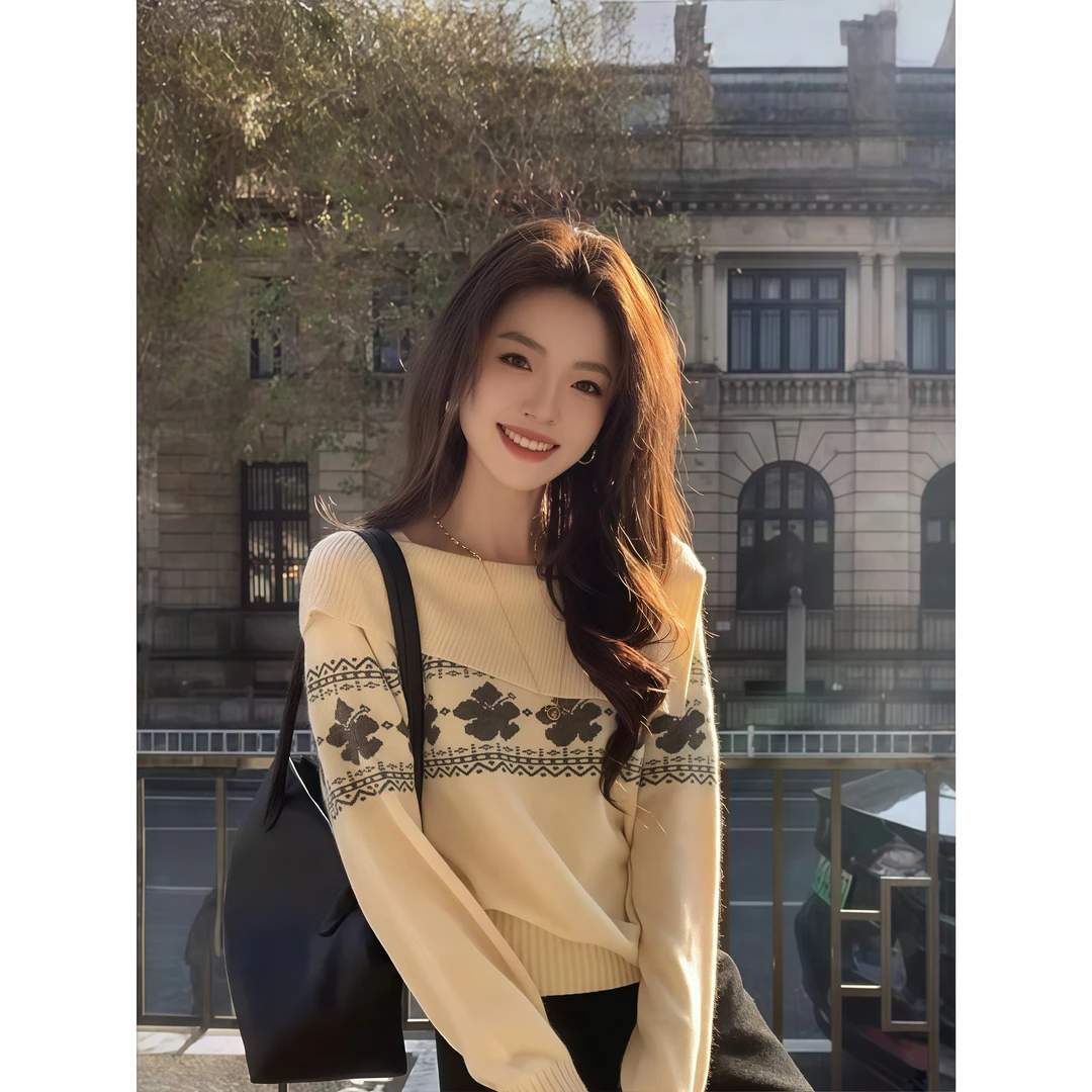 韩系温柔风复古提花针织衫女装秋冬新款休闲简约百搭独特别致上衣