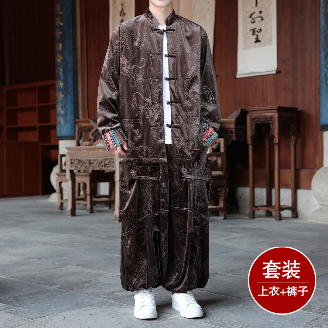中国风唐装茶服男士金丝绒套装复古立领中山装宽松褶皱阔腿灯笼裤