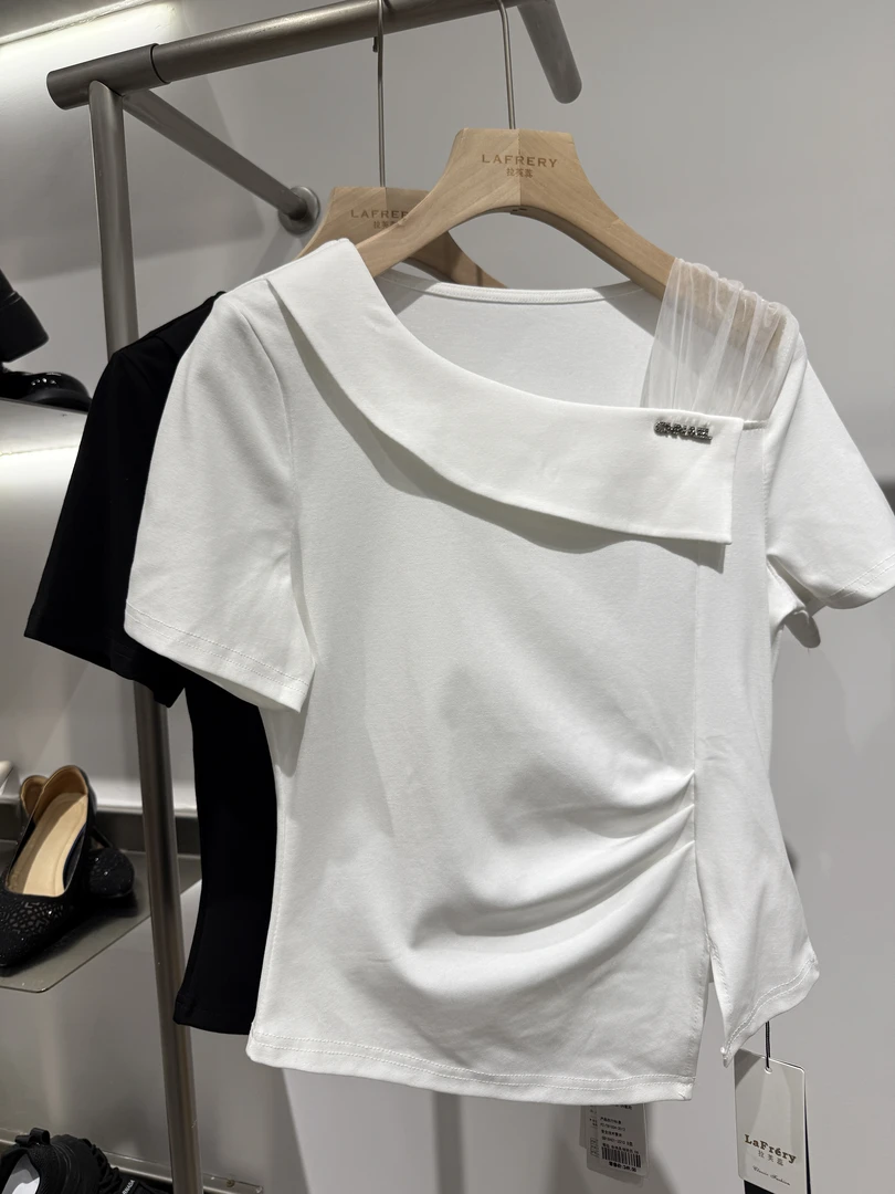 【方圆服饰】显瘦短袖常规百搭夏季方领T恤短款修身气质纱网