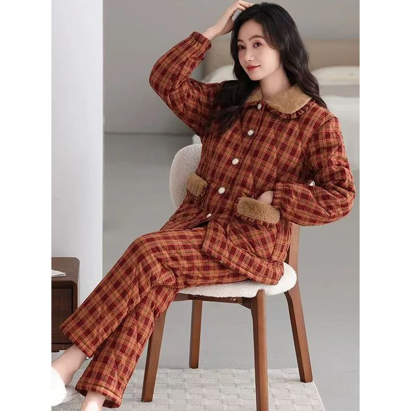 高档睡衣梭织纯棉夹棉睡衣女冬款三层加厚加绒冬季家居服新款套装