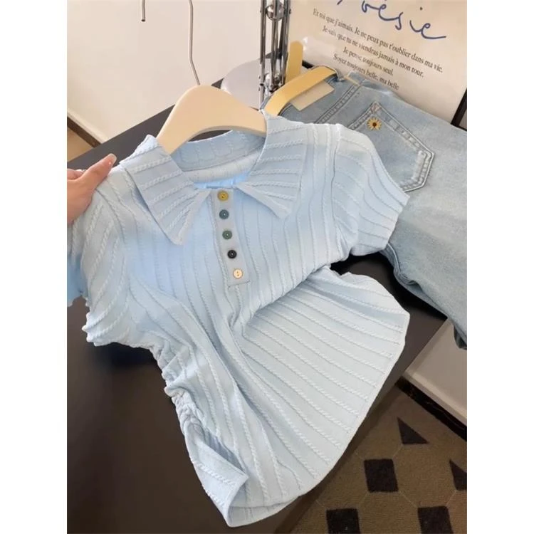 蓝色彩扣polo领冰丝针织衫短袖T恤女夏季短款正肩掐腰设计感上衣