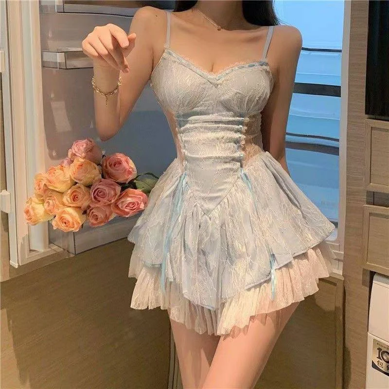 法式甜美蕾丝吊带连衣裙修身显瘦气质仙女风夏季
