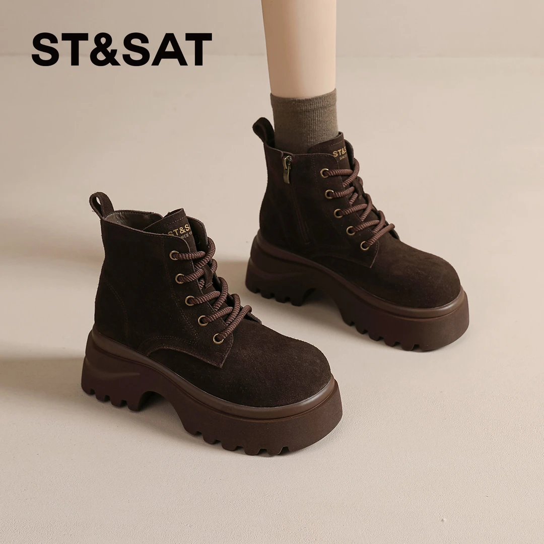星期六马丁靴女2025冬季爆款复古咖色时装靴英伦风中筒靴厚底女靴