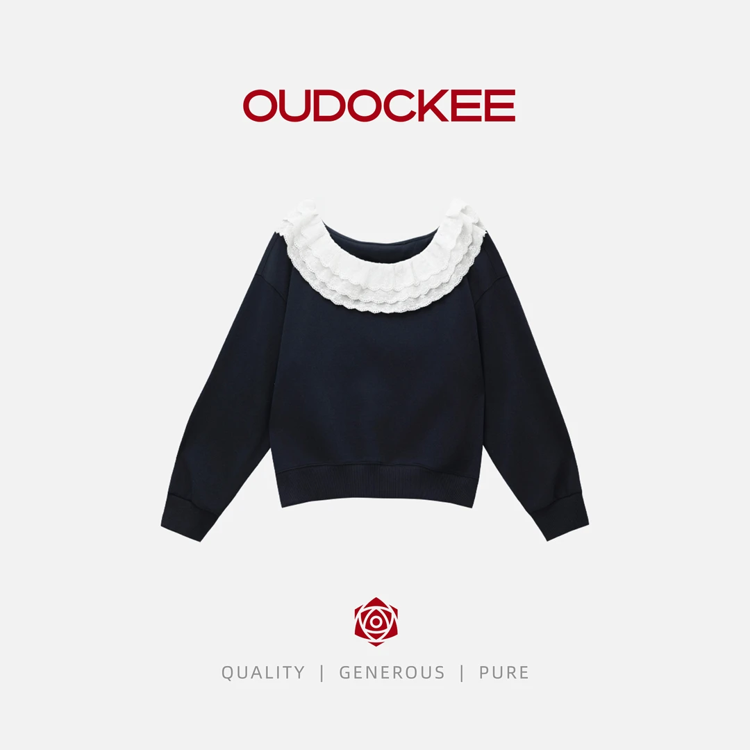 OUDOCKEE 鸥鸥【100棉】花边卫衣 百搭蕾丝圆领长袖卫衣 WACA623T
