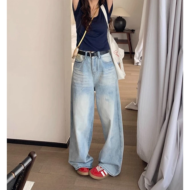 2025秋季新款浅蓝色破洞牛仔裤小众设计宽松直筒高腰阔腿长裤女